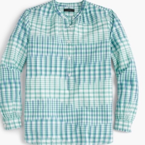 J.Crew Popover Shirt in Gingham Ikat Size 10 Large Casual Lagenlook Peasant - Picture 2 of 8